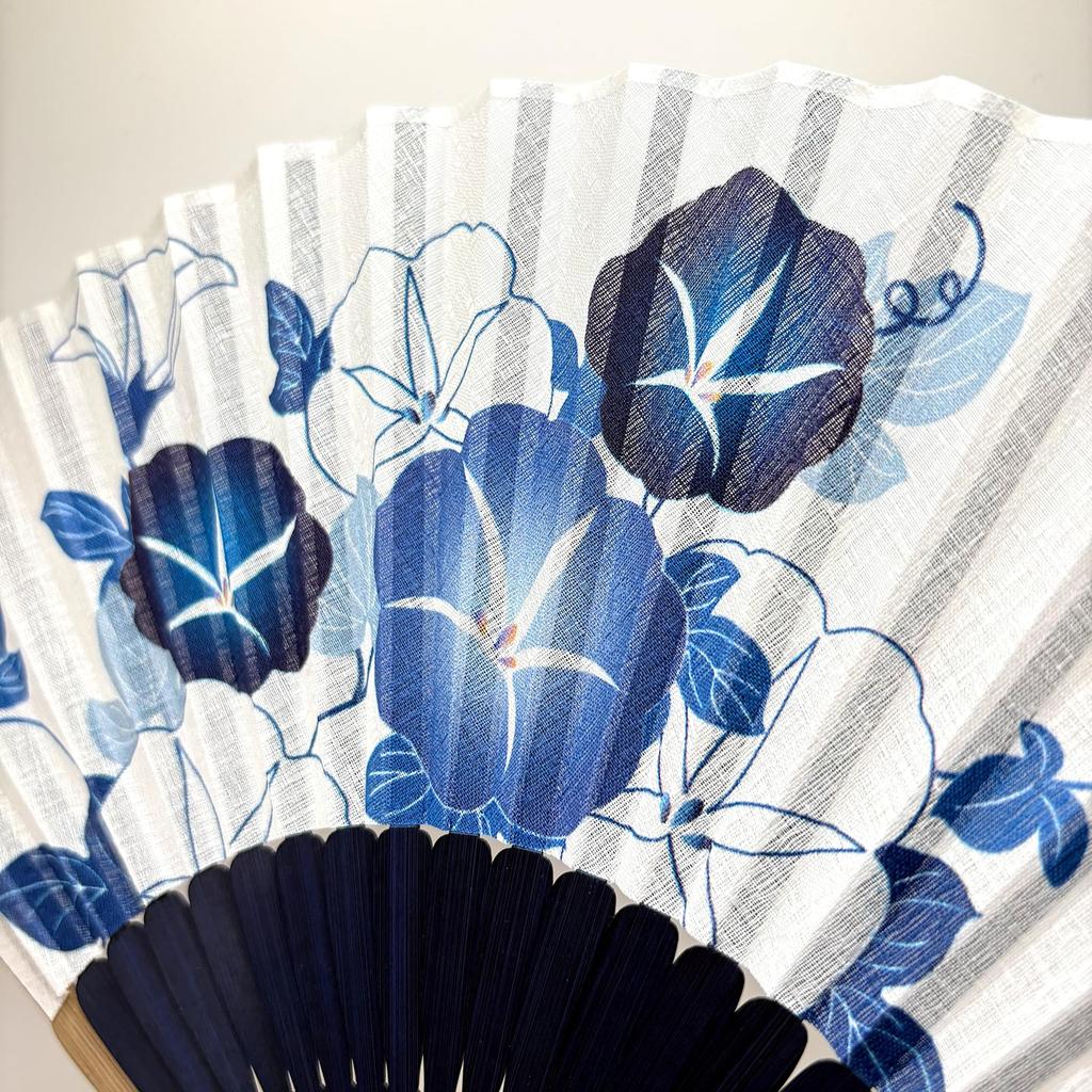 [Hanakanzashi] Women's Folding Fan, Morning Glory Pattern, Indigo Blue, with Fan Case, Cotton Fabric, 21cm
