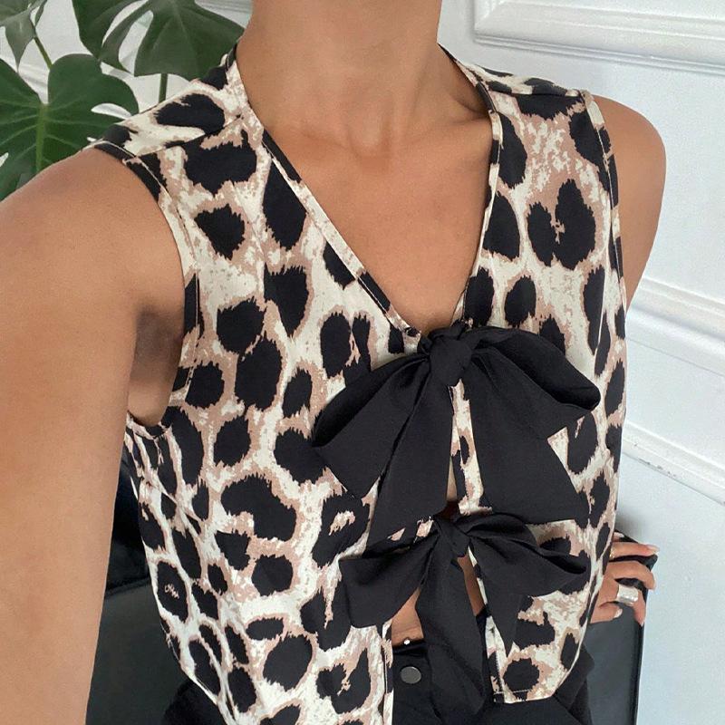 Mode Leopardenmuster Ausgeschnittenes Shirt Damen V-Ausschnitt Ärmellos Schnürung Tank Crop Tops Schick Weiblich Lässig Locker Bluse Streetwear