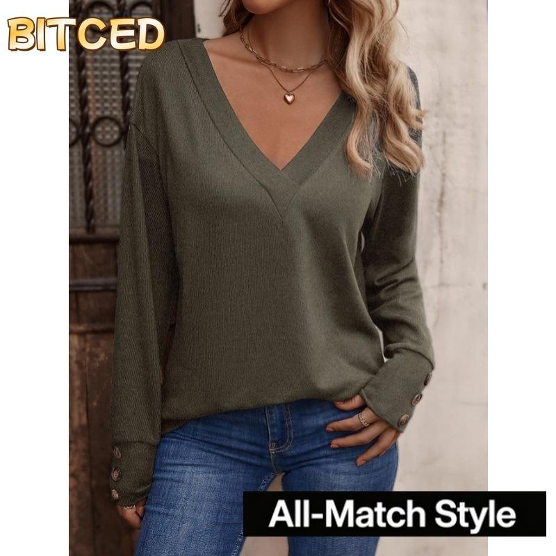 BITCED Camicette e camicie da donna con scollo a V, maniche lunghe, stampa tinta unita casual alla moda