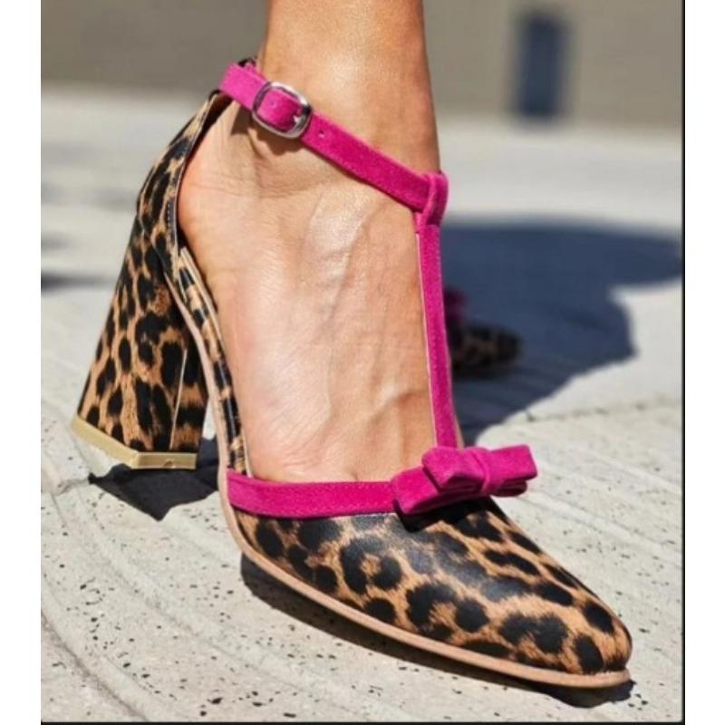 New Leopard Print T-shaped Buckle High Heel Pumps Women's Sandals Mary Jane Shoes Hollow Women Sandals Plus Size 43