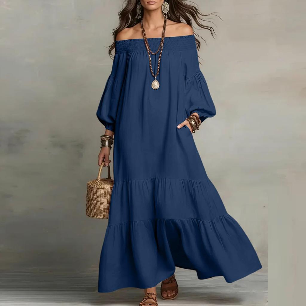 Women Off Shoulder Maxi Dress Loose Fit Tiered Bohemian Style Lightweight Dress with Puffy Sleeves and Layered Design