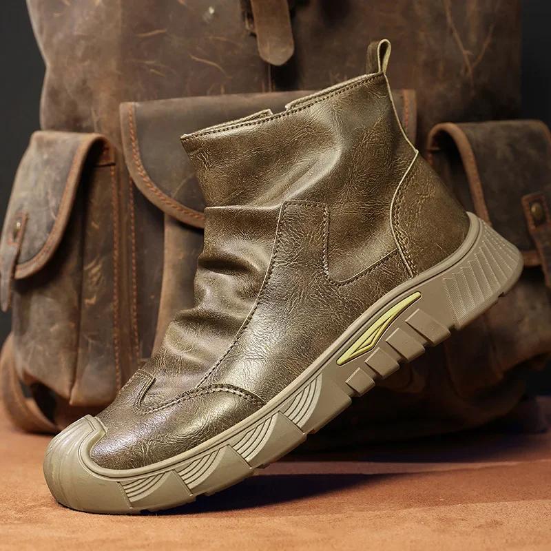 Spring Men's Casual Shoes PU Leather Soft Mens Boots Comfortable Wear-resistant Non-slip Men Thick-soled Boots