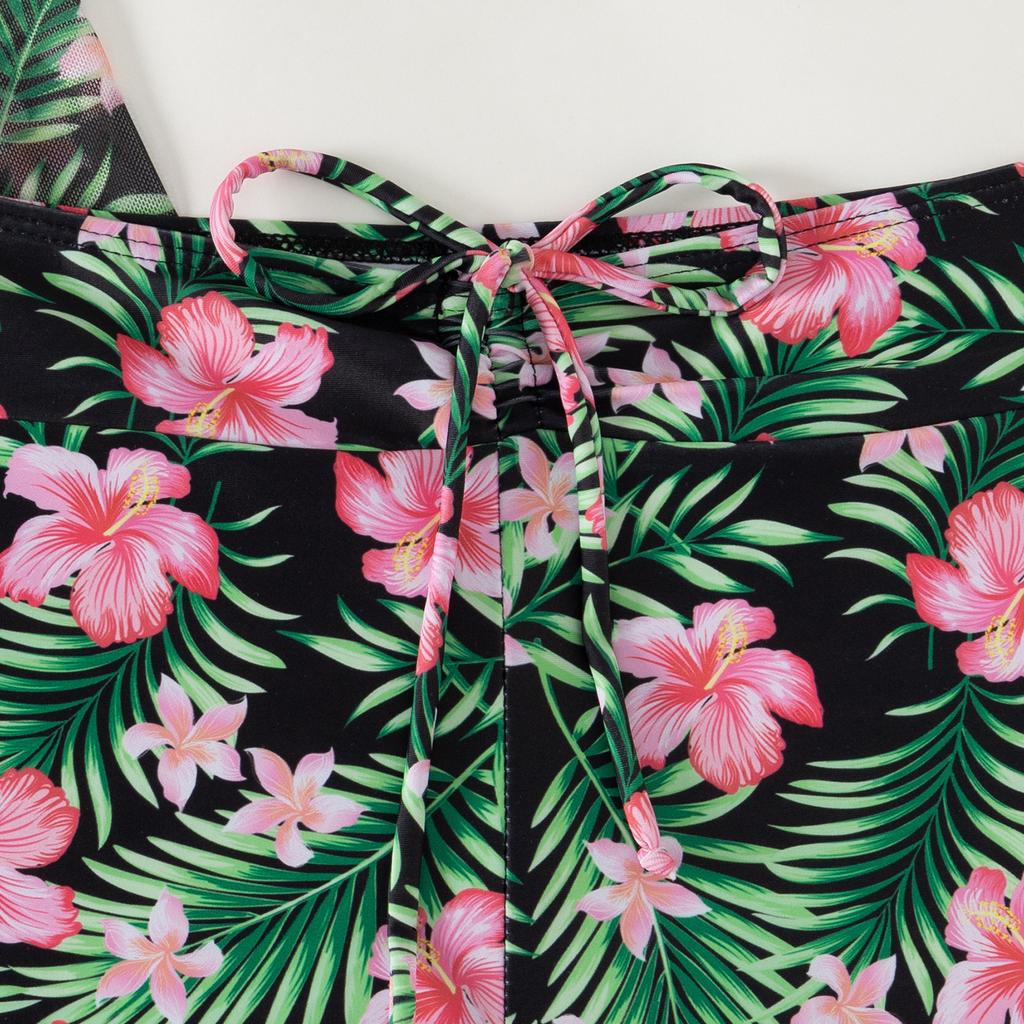 3 Piece Tropical Floral Print Bikini Set V Neck Boy Shorts Long Sleeve Sheer Cover Up Sexy Push Up Beach Vacation Bathing Suit