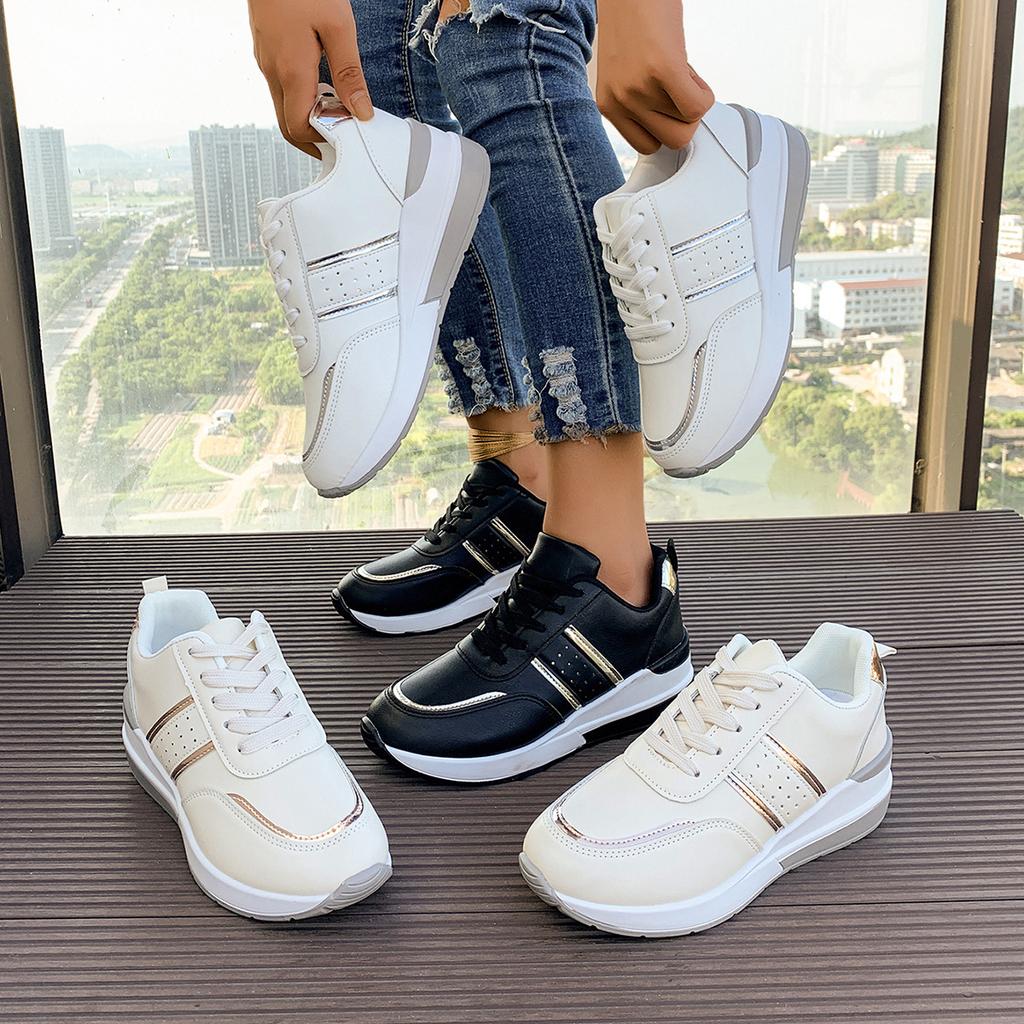 Fashion Women's sports casual shoes are fashionable, thick-soled, large-sized leather sports shoes that are comfortable