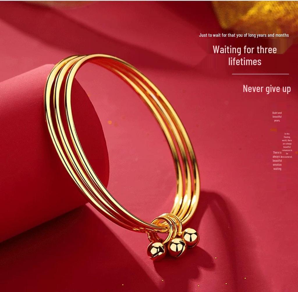 Vietnam Sand Gold Triple-Circle Yellow Brass Bangle - Women's Fashion Gold-Plated Bracelet