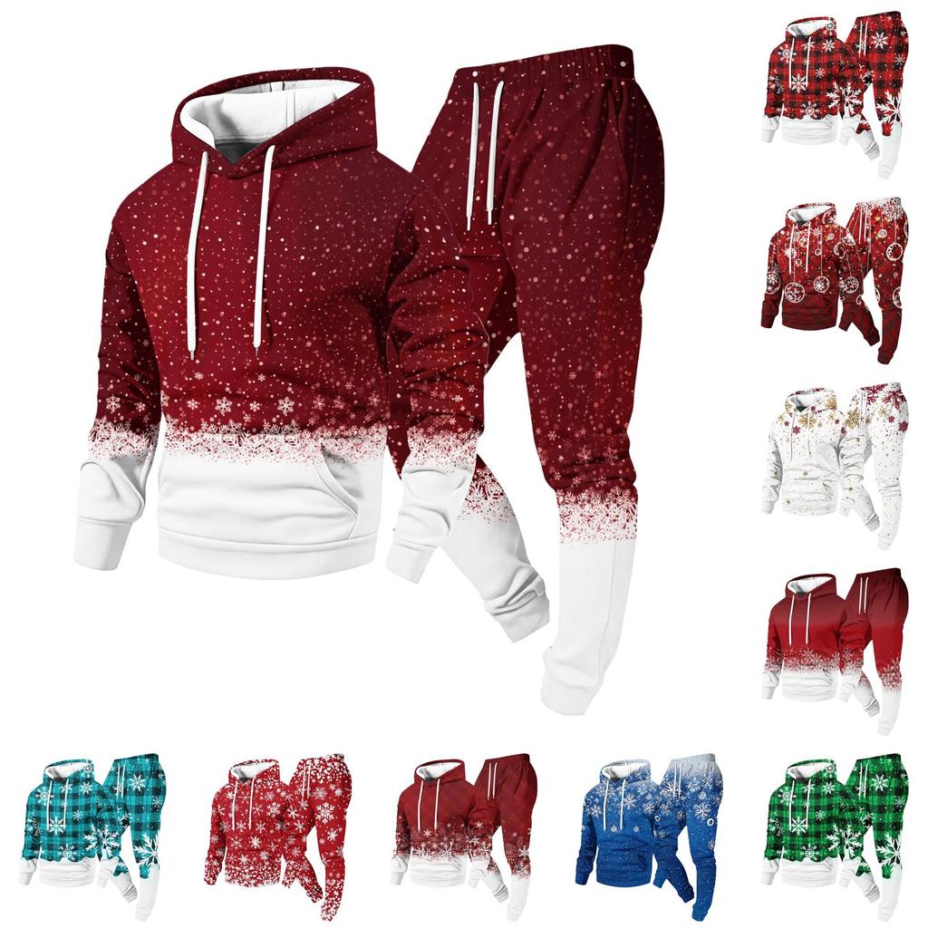 Men's Christmas Print Hoodie and Sweatpants Set, Lightweight Casual Two Piece Outfit with Straight Leg Pants