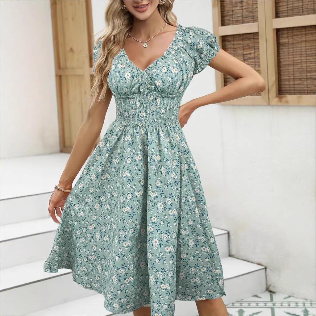 Women Summer Lantern Sleeve Ruffles V Neck Floral Printed One Piece Dress