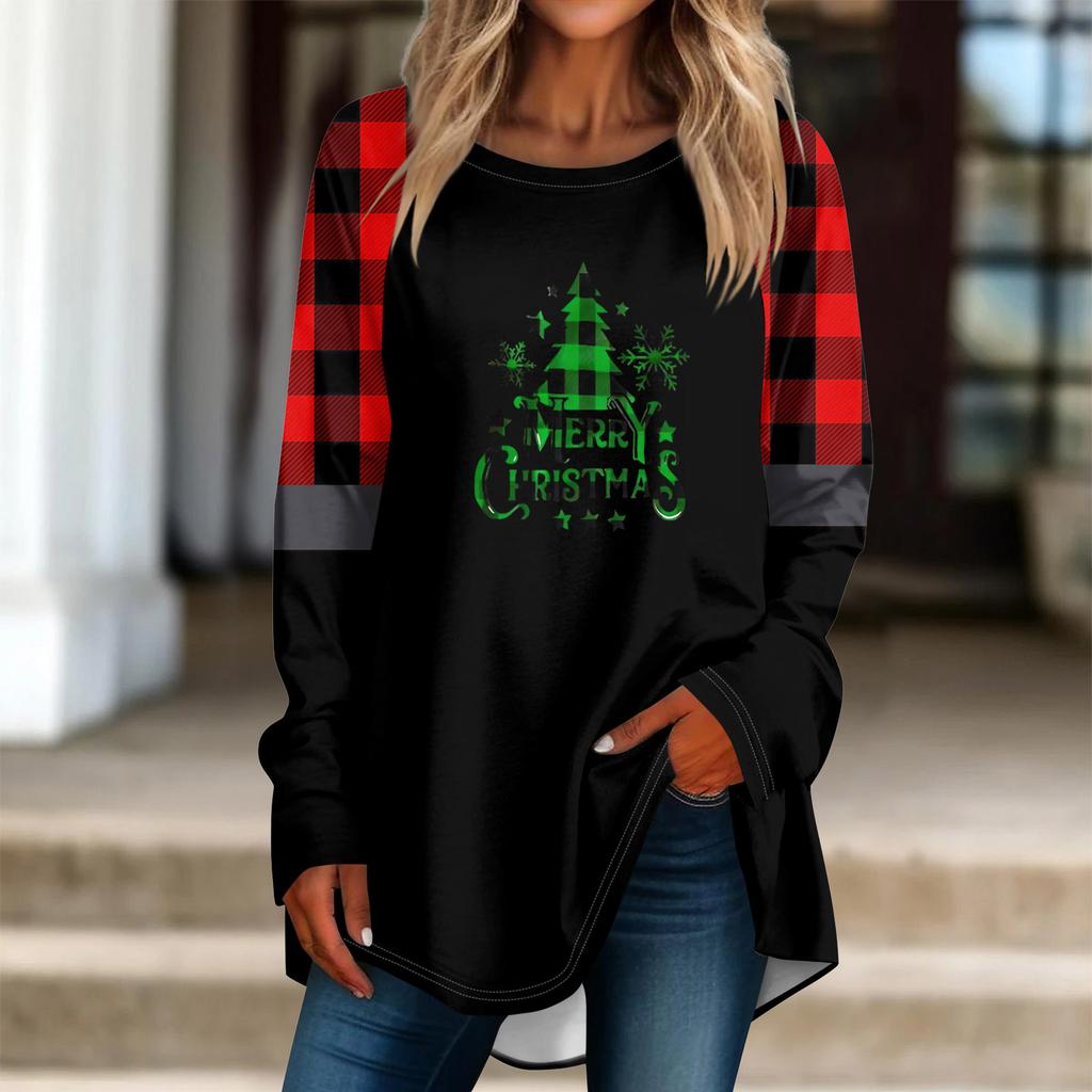 Fashionable Women's Loose Round Neck Christmas Small Print Long-sleeved T-shirt Top Pullover