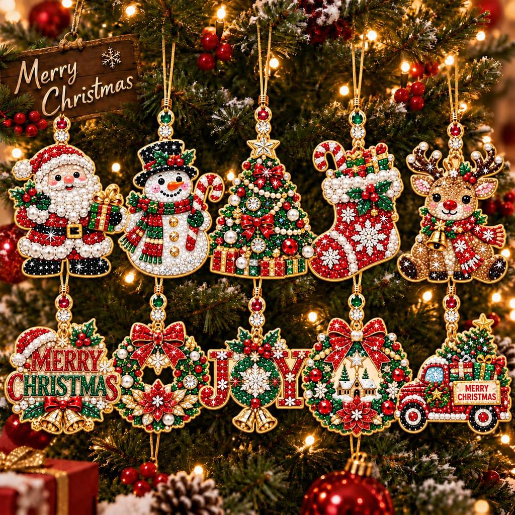 Ornamenti di Natale in Legno, Kit per Pittura con Perle Fai da Te per Adulti, Kit per Diamond Painting di Natale per Adulti, 10 Disegni in Legno con Corda di Canapa