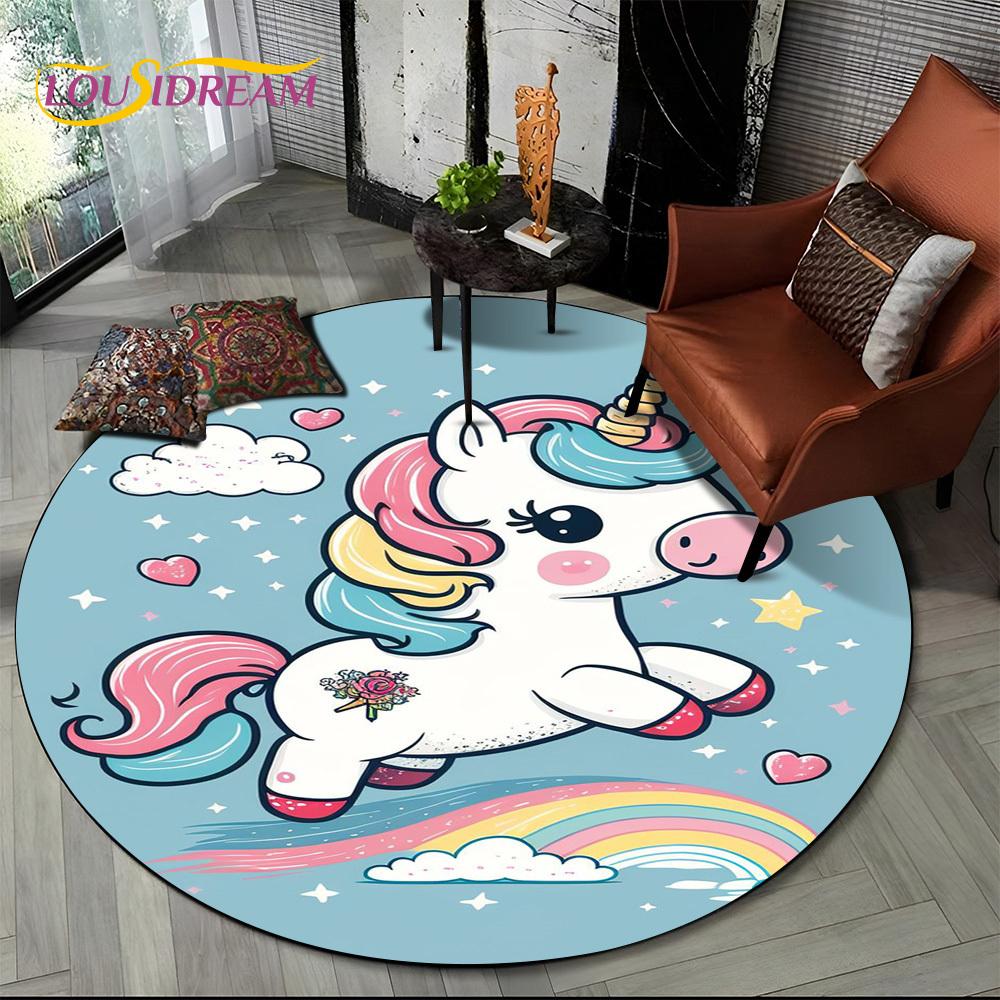 3D Cute Unicorn Cartoon Girl Gift Round Carpet Rug for Living Room Bedroom Child Playroom Decor,Pet Area Rug Non-slip Floor Mat