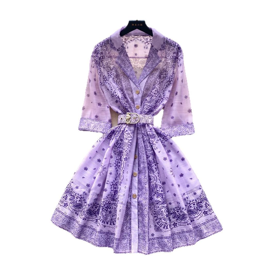 French retro fashionable suit collar five-quarter sleeve strap waist printed dress women's summer thin single-breasted short skirt