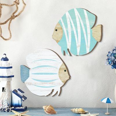 2 Pièces Art Mural Poisson en Bois Plage Décoration Murale École de Poissons en Bois Ornement Mural Thème Nautique Côtier pour Salle de Bain Maison au Bord du Lac