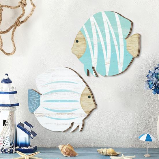 2 Pcs Wood Fish Beach Wall Art Wooden School of Fish Wall Decor Nautical Coastal Theme Wall Hanging Ornament for Bathroom Lake House