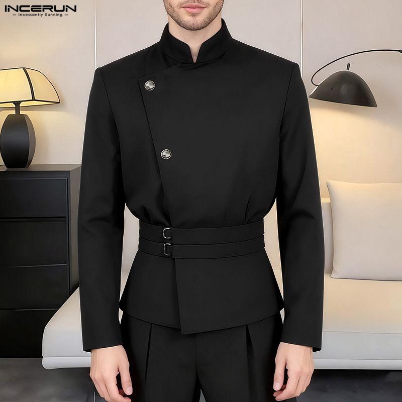 INCERUN Spring Men Stand Neck Long Sleeve Side Buttons Casual Thin Coats