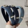 Denim Headband Women Wide Brim High Crown Pearl Accent Fashion Hair Accessory Daily Outings