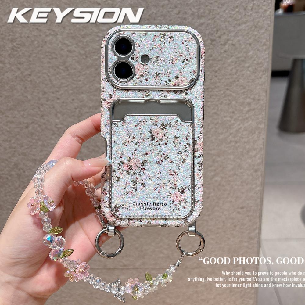 

KEYSION Женский Девичий Чехол для Телефона с Цветком для iPhone 14 15 16 17 Pro Max с Карманом для Карт, Противоударная Крышка с Цепочкой-Браслетом из Бусин for iPhone 17 Pro Max розовый