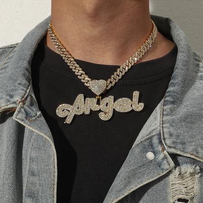 Retro New Full Diamond Letters ANGEL Angel Pendant Grass Font Name Hip Hop Necklace Ornament