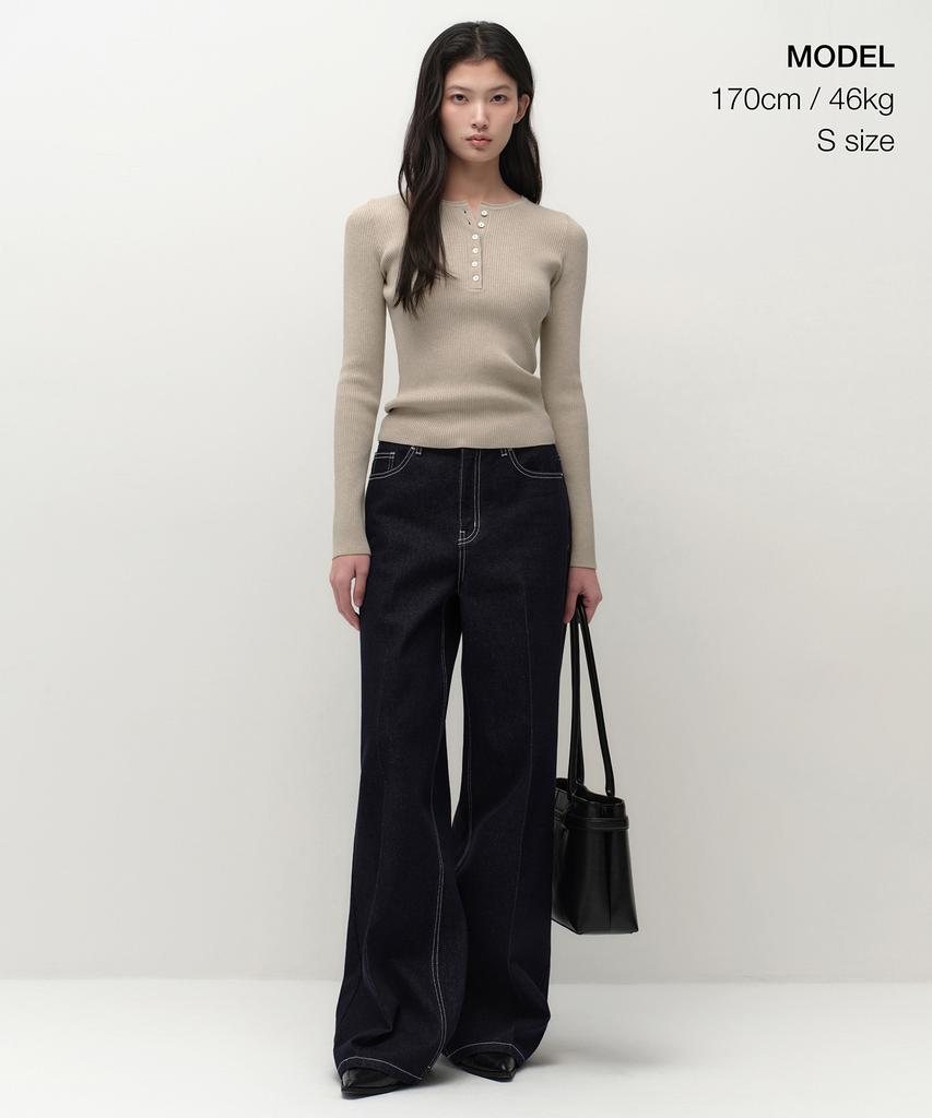MUSINSA STANDARD WOMAN Women'S Ribbed Slim Henley Neck Knit [Light Beige]