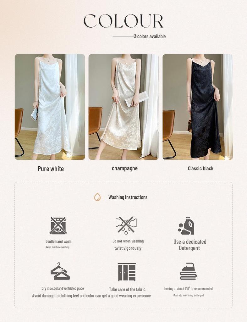 Robe Satin Jacquard à Col V et Bretelles Spaghetti pour Femme - Amincissante, Design Français Haut de Gamme pour Printemps/Été