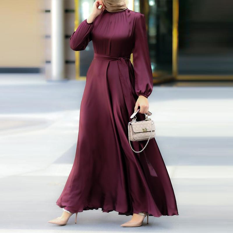 Women's Elegant Round Neck Lantern Sleeve Tie-Waist Slimming Robe Dress