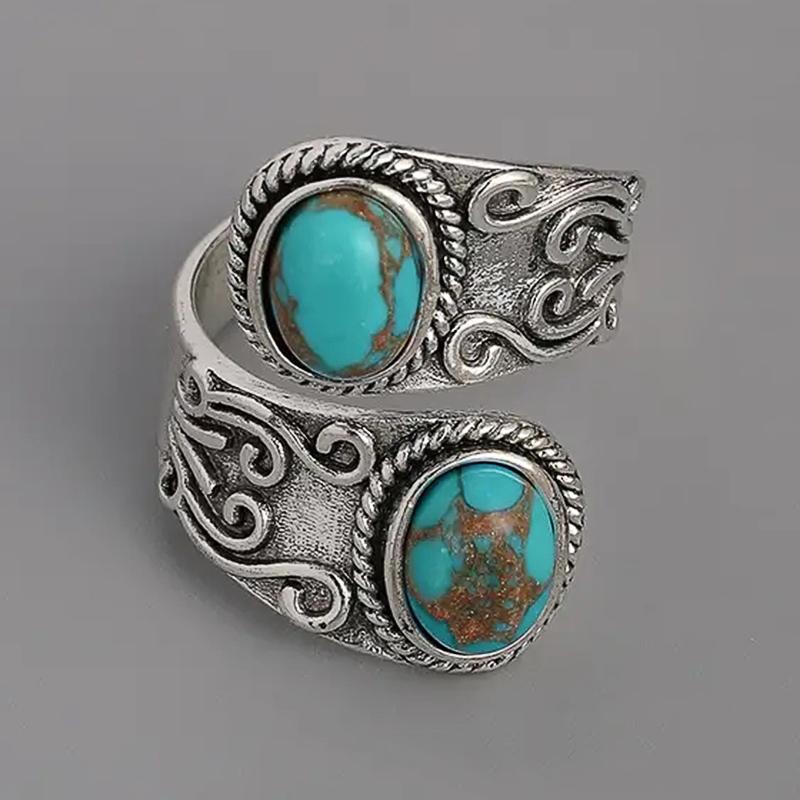 Cross Band Vintage Rings with Imitation Turquoise Stones Caved Pattern Boho Accessories for Women Elegant Lady Jewelry