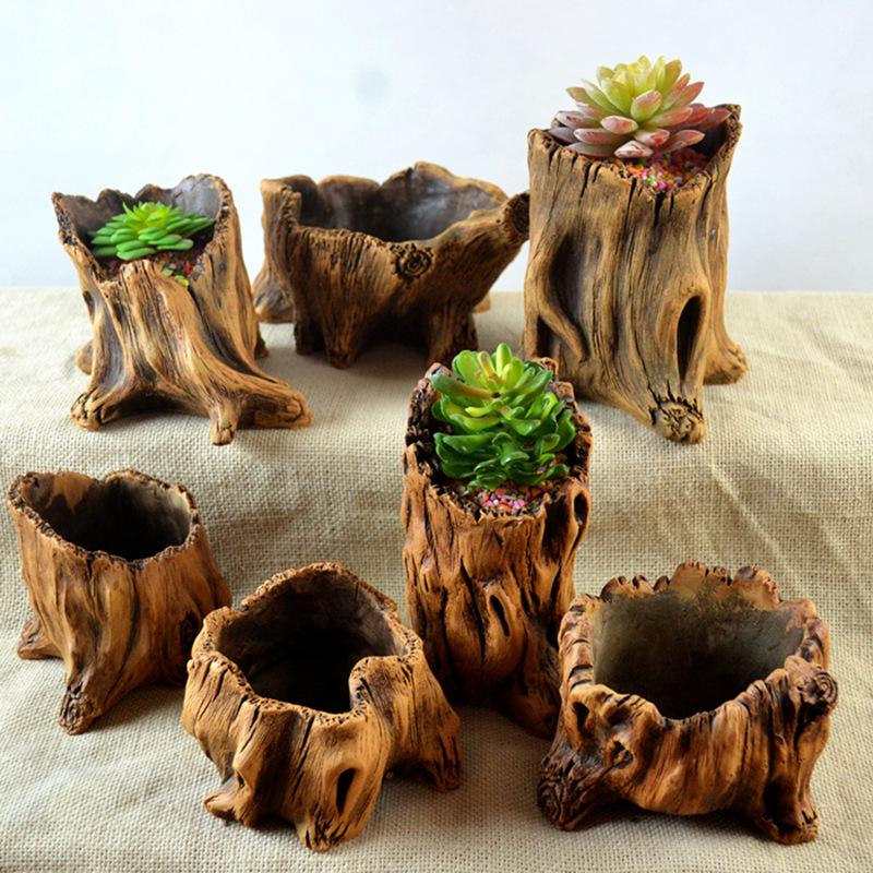 Creative Retro Cement-Look Tree Stump Succulent Planter