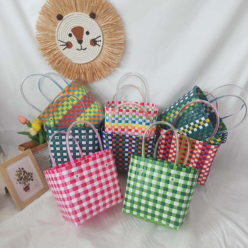 Children's Rainbow Plaid Woven Handbag - DIY Summer Bag for Vegetables & Fruits