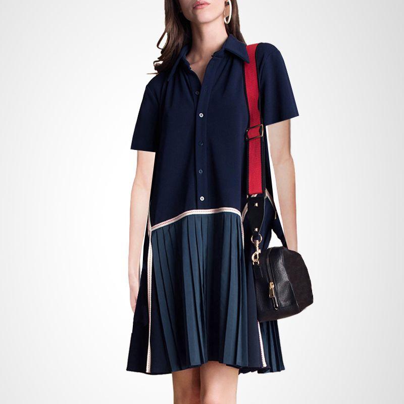 

Европейская станция Новая свободная приталенная плиссированная юбка-рубашка Navy blue-Short Sleeve S