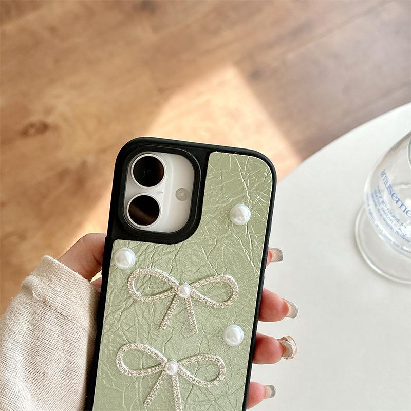 Pearl Bow Phone Case for Apple 17promax Leather Texture High Quality for IPhone16pro Protective Case