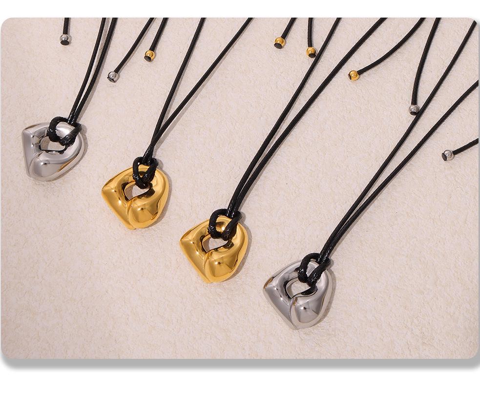 Qiong Yao Stainless Steel Curved Pendant Necklace with Black Leather Cord, Adjustable Length, Simple High-End Design for Women.