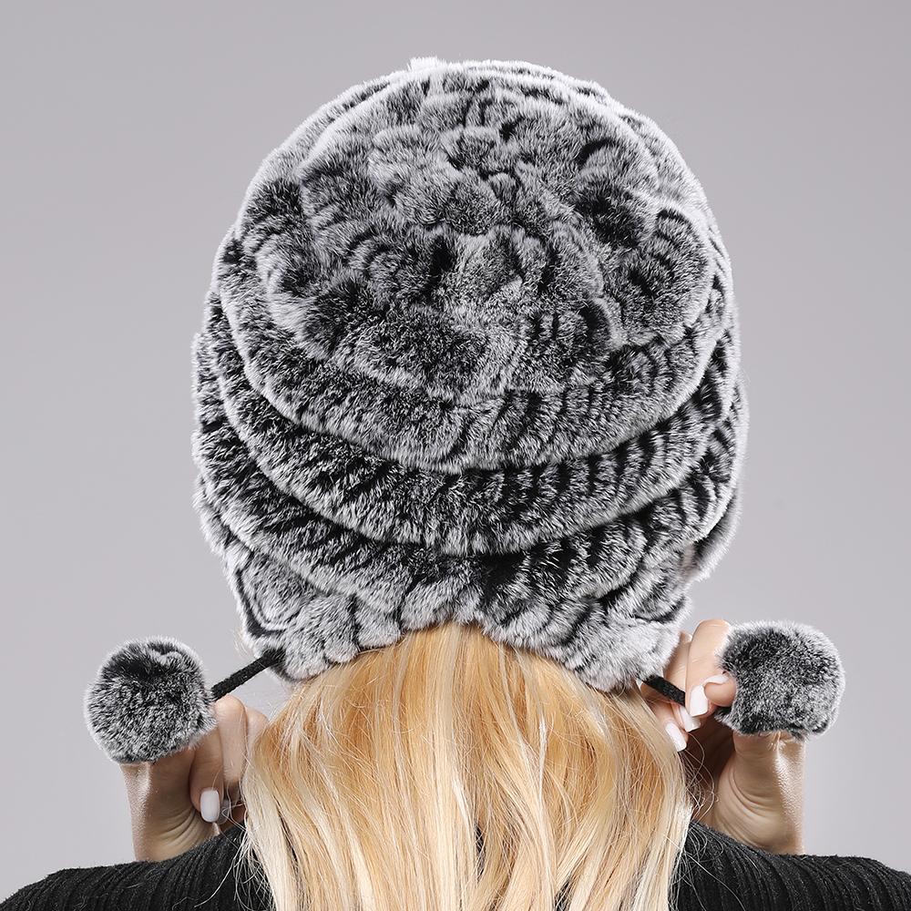 Winter Hats for Girls Women's Fur Hat Real Rex Rabbit Cap Floral Knitted Hat with Balls Skulls Beanies 55-59cm