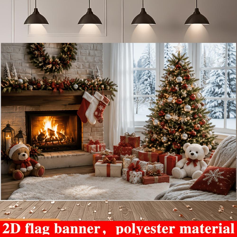 2D flat flag. Warm Christmas theme banner background. Christmas indoor scene theme. With a burning fireplace.zyc