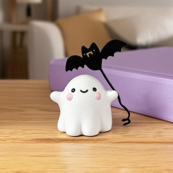 Cute Resin Ghost Statue Walking Dog Figurine, Holding Bat Balloon Statue, Spooky Halloween Children Room Desktop Decor Decor, Mini Stable Base