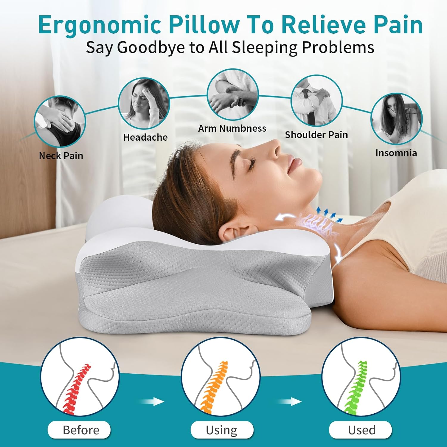 Cervical Pillow for Neck Pain Relief, Ergonomic Neck Pillow for Sleeping Contour Memory Foam Pillows with Cooling Pillowcase, Orthopedic Bed Pillow