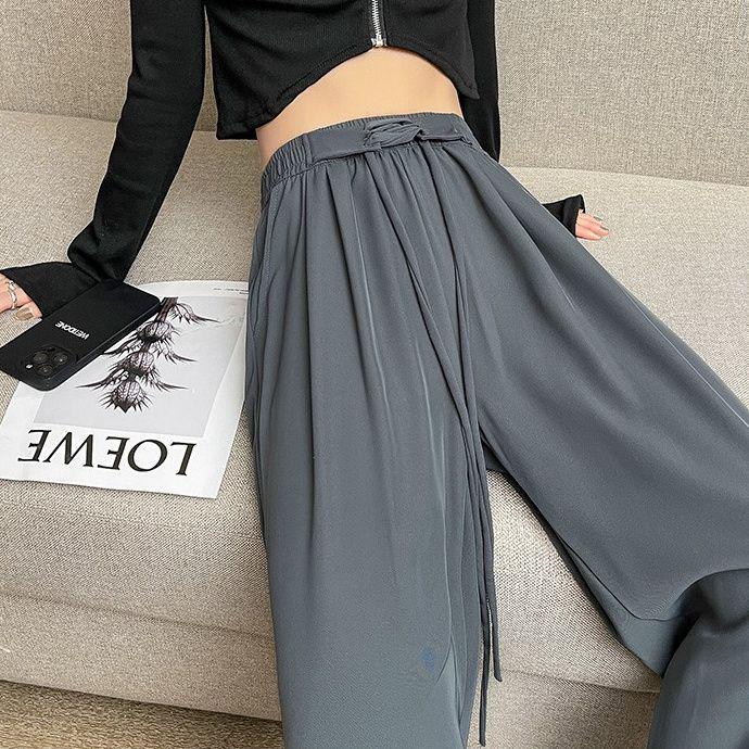 Women's Pink Ice Silk Wide-Leg Pants: Summer Thin High Waist, Straight-Leg Casual Style for Spring and Autumn