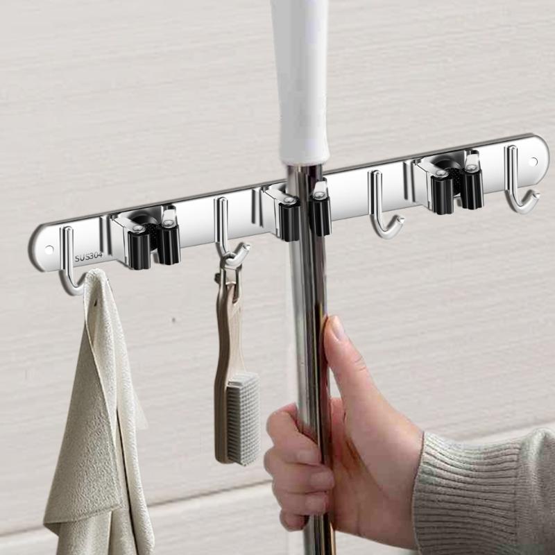 Wall Mounted Rack Space Saving Brooms Organizer Storage Solution for Bathroom