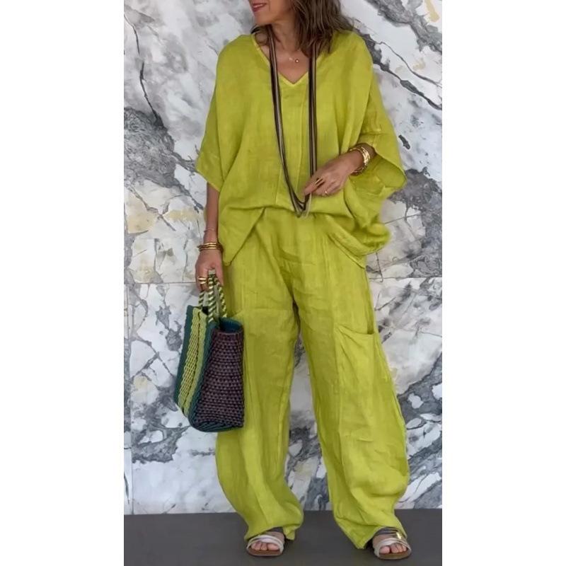 

Women s Loose Fit V-Neck Short Sleeve Top and Wide Leg Pants Set in Bright Green, Casual Outfit 3XL жовто-зелений