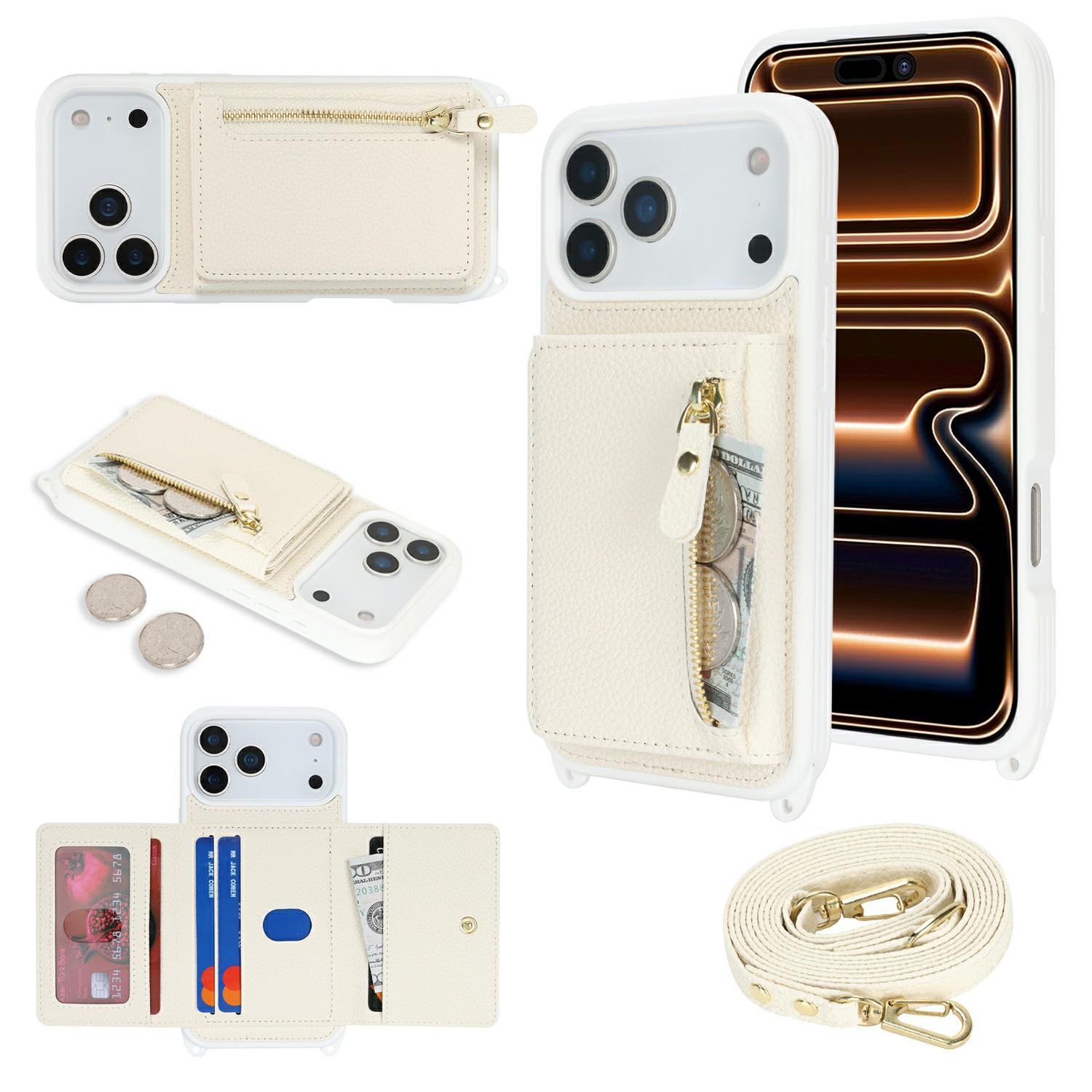 

For iPhone 17 Pro Case Card Bag Ring Holder Litchi Texture Leather+TPU Phone Cover with Long Strap