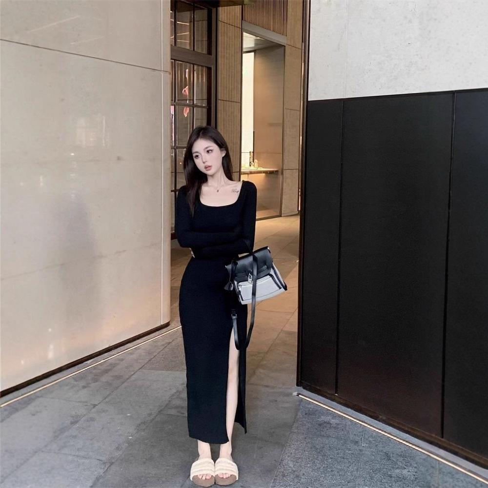 Sexy Spice Girl Split Hip Wrap Dress Women's Early Autumn New Temperament Slim and Skinny Long Sleeve Bottom Skirt