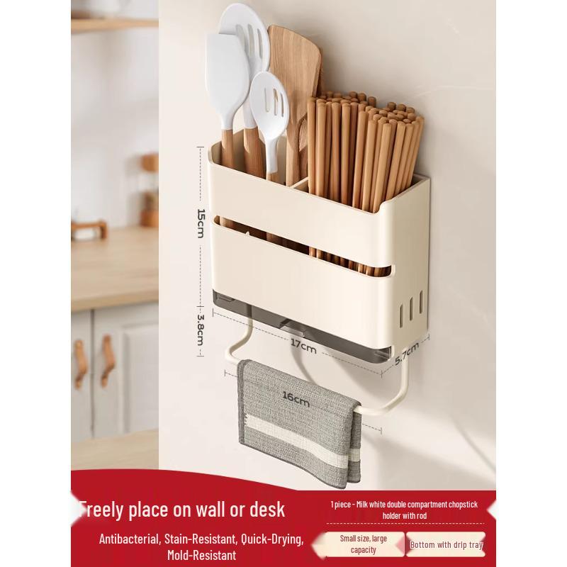 Wall-Mounted Kitchen Chopsticks & Utensil Holder with Draining Basket and Rag Rack