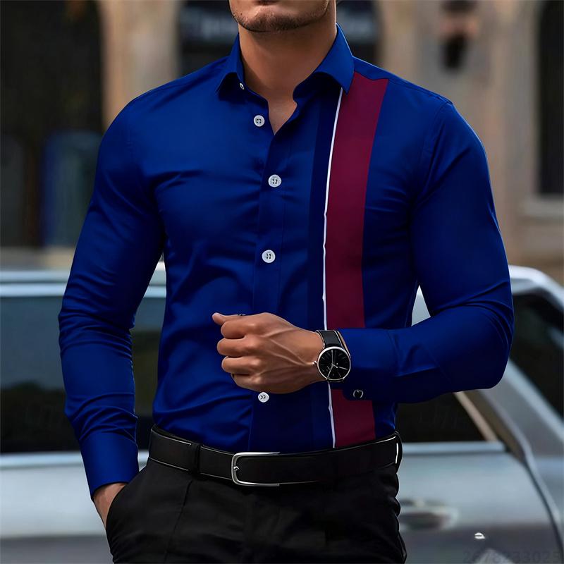 Men's Fashionable Contrast Color Striped Long Sleeve Shirt European and American Style Business Casual Trendy Casual Men's Shirt