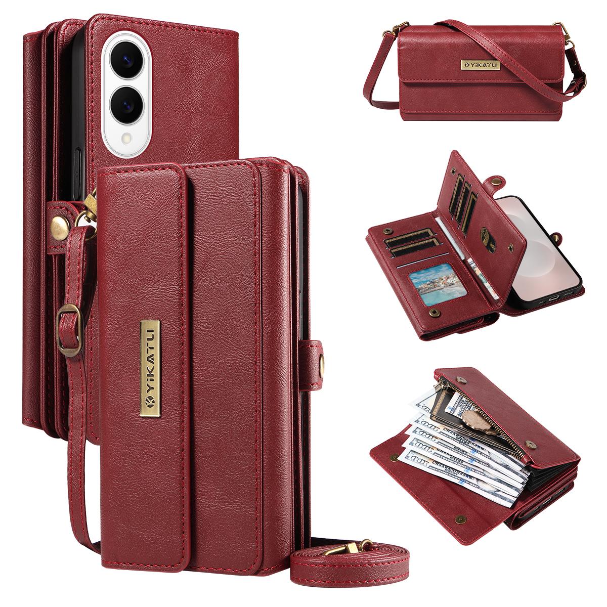 

For Samsung Galaxy S25 Edge Case YIKATU YK-008 Zipper Wallet Leather Phone Cover with Shoulder Strap Red