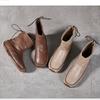 Johnature Handmade Sewing Genuine Leather Women's Boots Retro Warm Plush Flat Mid-calf Boots