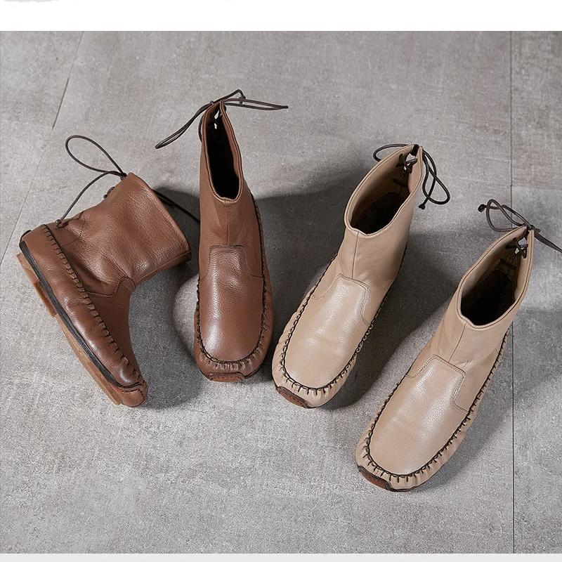 Johnature Handmade Sewing Genuine Leather Women's Boots Retro Warm Plush Flat Mid-calf Boots