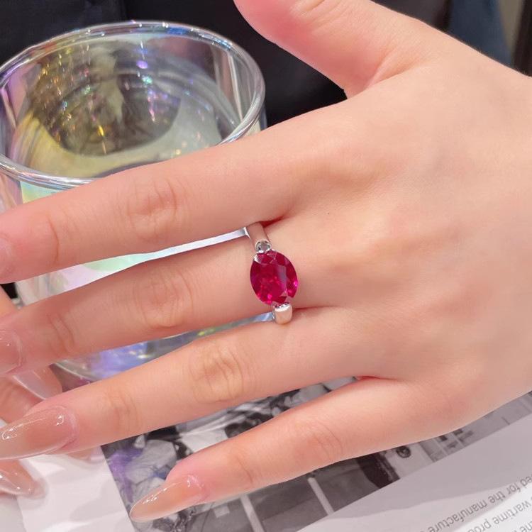 Simple Simulation Pigeon Egg Emerald Ring Inlaid With High Carbon Diamond Pigeon Blood Red Corundum Blue Pointed Crystal Ring Female