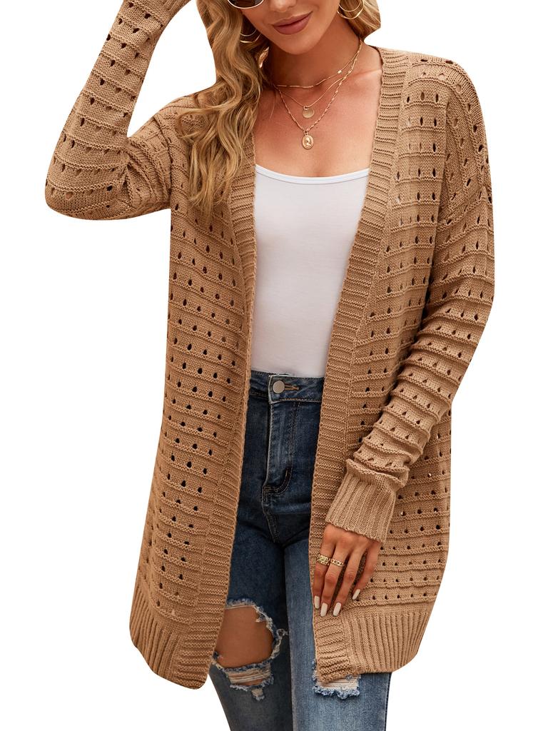 Dámský kardigan s otevřeným předním dílem, dlouhým rukávem, dírkovaný, volný, pletený, ležérní kabát
