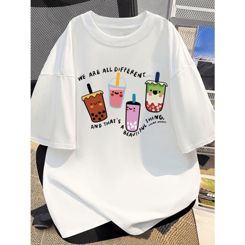 

European sizes 2025 New Women s Plus-Size Oversized T-Shirt - Cute Bubble Tea Cartoon Print with We Are All Different Slogan S белый