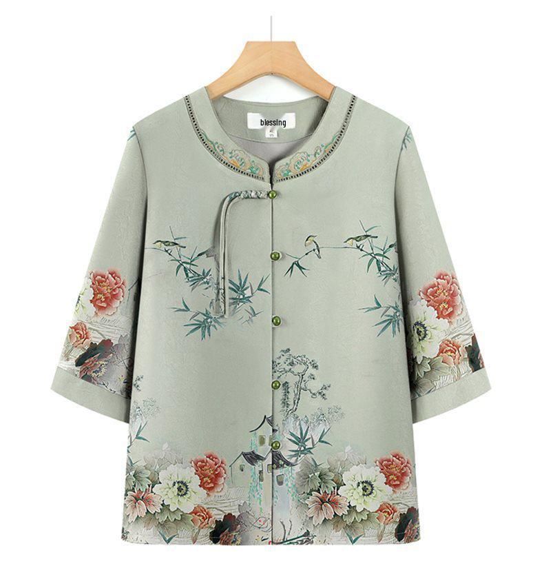 Stylish Summer Set for Women: Chinese-Inspired Short-Sleeve Top and Pants for Middle-Aged and Elderly Ladies