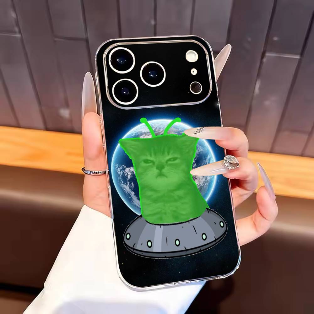 Green alien cat cute Phone Case For iPhone17,16,15,14,13,12,11 Plus,Pro Max Soft Transparent Cover