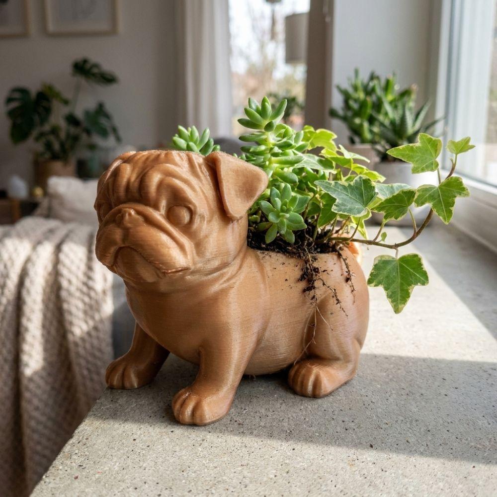 3D Printed Pug Shaped Planter Pot Plastic Minimalist Animal Shaped Pot Handmade Funny Pug Figurine Plant Holder Home Decor